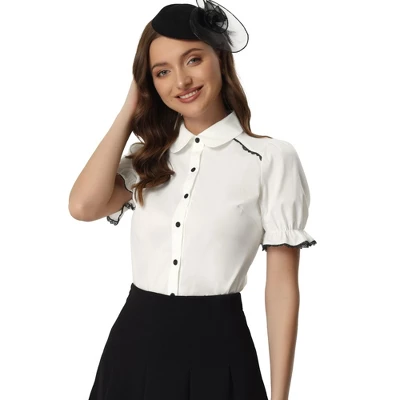 Allegra K Women's Vintage Short Sleeve Peter Pan Collar Button Down Shirt - Image 7