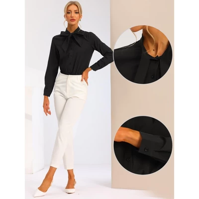 Allegra K Women's Bow Tie Neck Button Down Long Sleeve Bodysuit Shirt