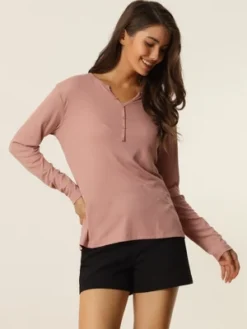 Cheibear Womens Casual V Neck Ribbed Pullover Long Sleeve Sleepwear Tops