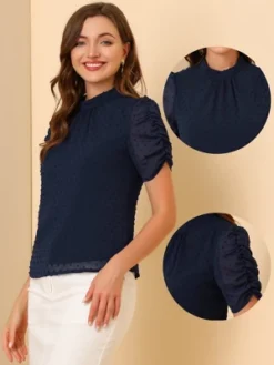 Allegra K Women's Elegant Swiss Dots Puff Short Sleeves Stand Collar Chiffon Blouse