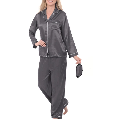 Women's Classic Satin Pajamas Lounge Set, Long Sleeve Top And Pants With Pockets, Silk Like PJs With Matching Sleep Mask - Image 13
