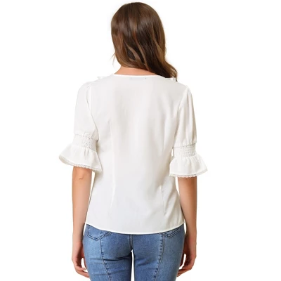 Allegra K Women's Ruffle V Neck Puff Sleeve Summer Casual Chiffon Peasant Blouse - Image 4