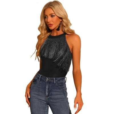 Allegra K Women's Party Neck Fringe Trim Sleeveless Halter Bodysuit - Image 5