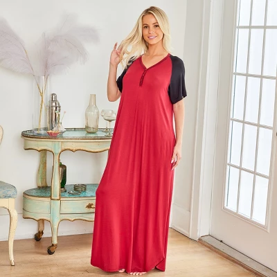 Women's Soft Knit Nightgown, Full Length Henley Sleep Shirt Pajama Top W/ Pockets - Image 5