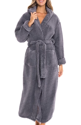 Women's Fuzzy Plush Fleece Bathrobe With Hood, Soft Warm Hooded Lounge Robe - Image 10