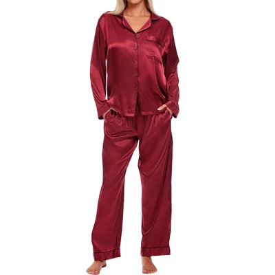 Women's Classic Satin Pajamas Lounge Set, Long Sleeve Top And Pants With Pockets, Silk Like PJs With Matching Sleep Mask - Image 6