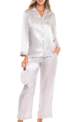 Women's Classic Satin Pajamas Lounge Set, Long Sleeve Top And Pants With Pockets, Silk Like PJs With Matching Sleep Mask - Image 9
