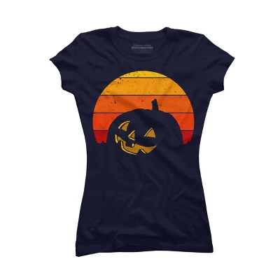 Junior's Design By Humans Vintage Retro Sunset Halloween Pumpkin I By Lemonpepper T-Shirt - Image 4