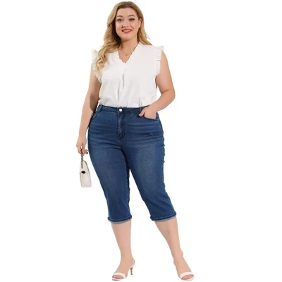 Agnes Orinda Women's Plus Size Jeans Zipper Back Yoke Stretch Roll Up Cuff Denim Pants - Image 2