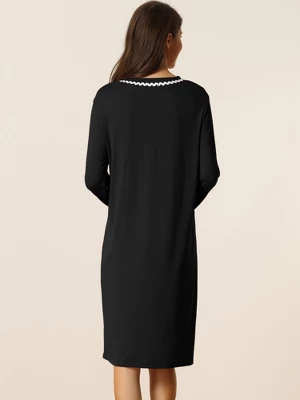 Cheibear Womens Button Down V Neck Long Sleeve Pajama Nightshirt Dress - Image 2