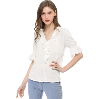 Allegra K Women's Ruffle V Neck Puff Sleeve Summer Casual Chiffon Peasant Blouse - Image 2