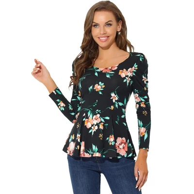 Allegra K Women's Long Sleeves Scoop Neck Floral Printed Peplum Shirt - Image 10
