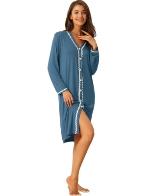 Cheibear Womens Button Down V Neck Long Sleeve Pajama Nightshirt Dress - Image 7