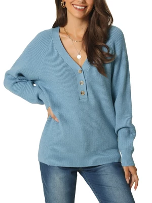 Seta T Women's Long Sleeve V Neck Button Solid Color Ribbed Knit Casual Pullover Sweaters - Image 7