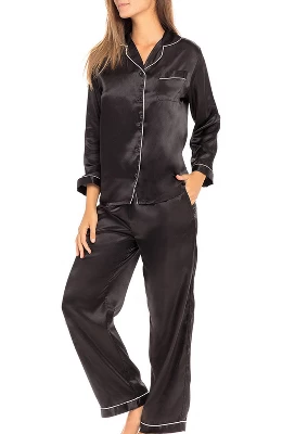 Women's Classic Satin Pajamas Lounge Set, Long Sleeve Top And Pants With Pockets, Silk Like PJs With Matching Sleep Mask - Image 7