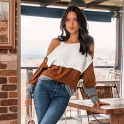 Women's Colorblock Open-Shoulder Sweater - Cupshe