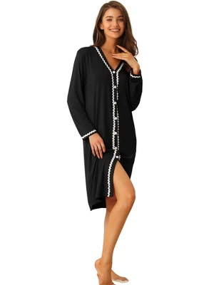Cheibear Womens Button Down V Neck Long Sleeve Pajama Nightshirt Dress - Image 5