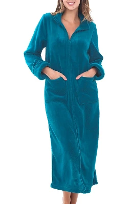 Women's Zip Up Fleece Robe, Soft Warm Plush Zipper Bathrobe - Image 10
