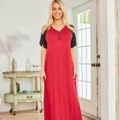 Women's Soft Knit Nightgown, Full Length Henley Sleep Shirt Pajama Top W/ Pockets