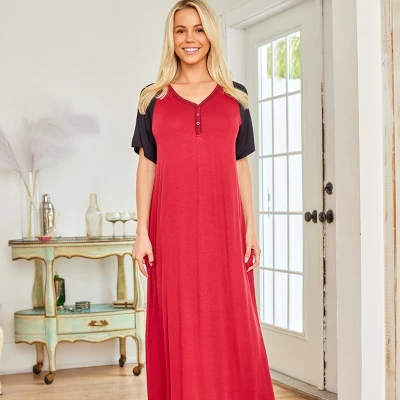 Women's Soft Knit Nightgown, Full Length Henley Sleep Shirt Pajama Top W/ Pockets