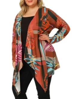 Agnes Orinda Women's Plus Size Tropical Asymmetrical Hem Knit Cardigan