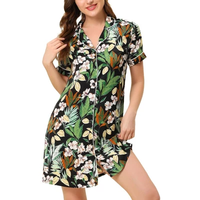 Cheibear Womens Nightgown Pajama Satin Sleepshirt Button Down Floral Lounge Shirt Dress - Image 5