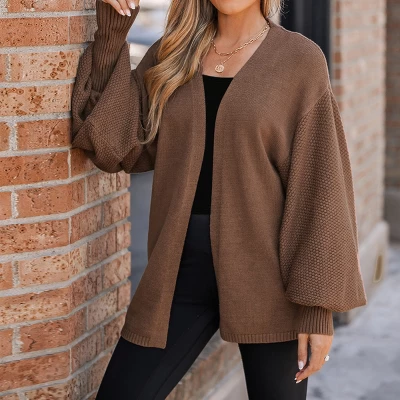Women's Espresso Open-Knit Gigot Sleeve Cardigan - Cupshe - Image 2