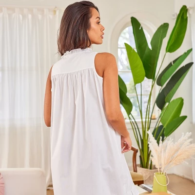 Women's Cotton Victorian Nightgown, Audrey Sleeveless Lace Trimmed Button Up Sleeveless Vintage Night Dress Gown - Image 3