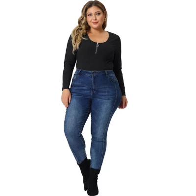 Agnes Orinda Women's Plus Size Zipper Deep Scoop Neck Long Sleeve Tops Bodysuit Jumpsuit - Image 2
