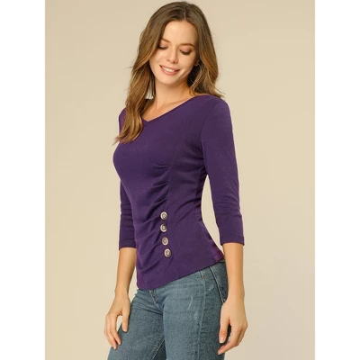 Allegra K Women's V Neck 3/4 Sleeves Solid Knitted Buttons Decor Ruched Blouse