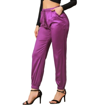 Allegra K Women's Drawstring Elastic Waist Athleisure Pants Ankle Length Satin Joggers With Pocket - Image 16