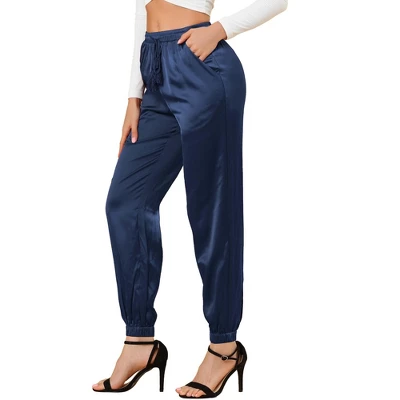 Allegra K Women's Drawstring Elastic Waist Athleisure Pants Ankle Length Satin Joggers With Pocket - Image 11