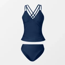 Women's V Neck Ruched Double Crisscross Tankini Set - Cupshe- Blue