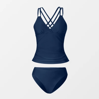 Women's V Neck Ruched Double Crisscross Tankini Set - Cupshe- Blue
