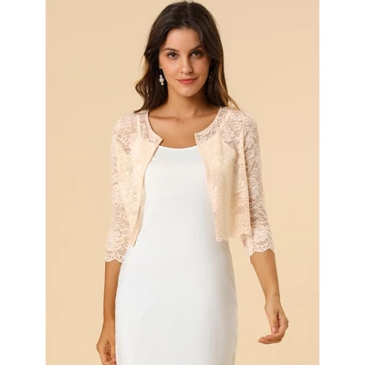 Allegra K Women's Elegant 3/4 Sleeve Sheer Floral Lace Cropped Bolero Shrugs