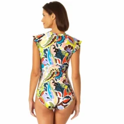 Anne Cole - Women's Flutter Sleeve Zip Up Rash Guard One Piece Swimsuit
