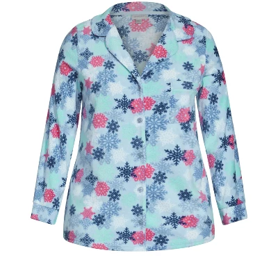 Women's Plus Size Snowflake Button Fleece Sleep Top - Blue | AVENUE - Image 4