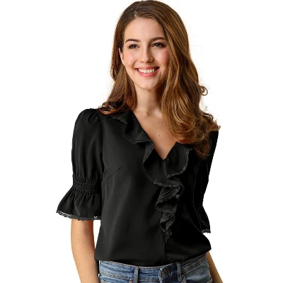 Allegra K Women's Ruffle V Neck Puff Sleeve Summer Casual Chiffon Peasant Blouse - Image 13