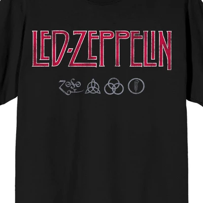 Led Zeppelin Distressed Logo With Symbols Crew Neck Short Sleeve Black Adult T-shirt