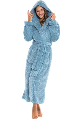 Women's Fuzzy Plush Fleece Bathrobe With Hood, Soft Warm Hooded Lounge Robe - Image 19